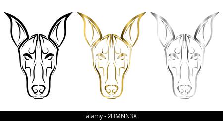 Black gold and silver line art of Doberman Pinscher dog head. Stock Vector