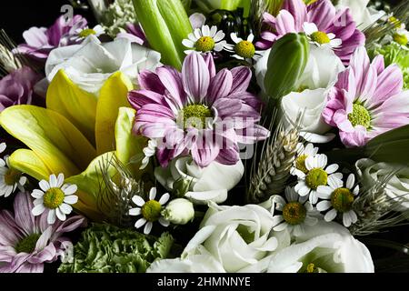 White, yellow and purple garden flowers close up as a beautiful natural background, selective focus Stock Photo