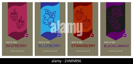 Vector set of berry tea labels with contour drawings of berries and plants. Raspberries and strawberries, blueberries and black currants. Packaging Stock Vector