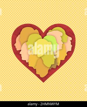 Contemporary art collage. Multicolored silhouettes of people united into heart shape isolated on light yellow background. Concept of diversity Stock Photo