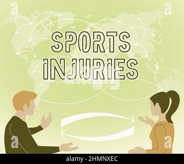 Inspiration showing sign Sports Injuries. Business showcase kinds of injury that occur during sports or exercise Two Teammates Discussing New Ideas Stock Photo