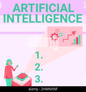 Handwriting text Artificial Intelligence. Business idea Machine copy Cognitive function like Problem Solving Lady Standing Holding Projector Remote Stock Photo