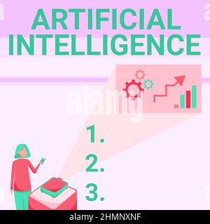 Handwriting text Artificial Intelligence. Business idea Machine copy Cognitive function like Problem Solving Lady Standing Holding Projector Remote Stock Photo