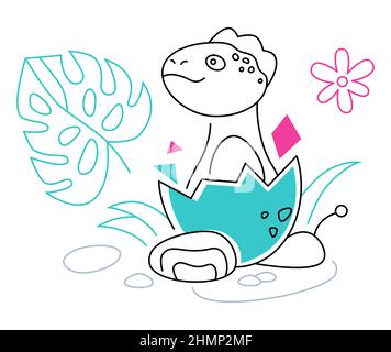 Dinosaur in an egg - line design style illustration with editable stroke. Funny images of newborn dino hatching from the shell. Jurassic world. Explor Stock Vector