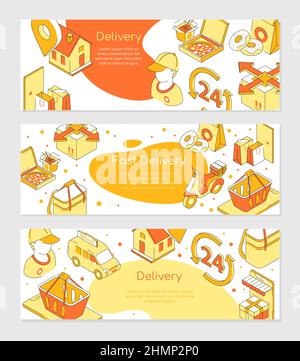 Food delivery - set of isometric abstract horizontal banners with copy space for text. Editable stroke. Shopping cart, courier, pizza, moped, orders a Stock Vector