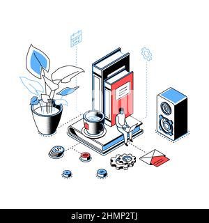 Freelancer - modern line isometry design style illustration on white background. Detailed image with guy working online. Books, cup of coffee, column, Stock Vector