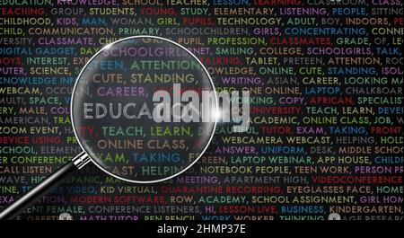 Magnifying glass on Education word. EDUCATION word cloud collage on black board. Business background concept. 3D illustration. Stock Photo