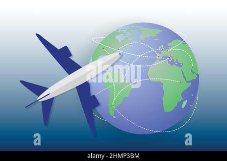 Drawing of an airplane over the planet earth with several commercial routes. Air freight transport Stock Vector
