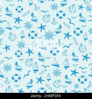 Seamless hand-drawn pattern with seafaring motifs such as sailboats, starfish, rudders, seagulls, compasses Stock Vector