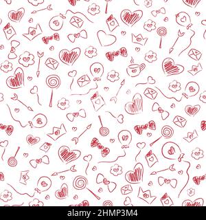 Seamless pattern of hand-drawn hearts, wreaths, arrows, lollipops, bows, cards and balloons Stock Vector