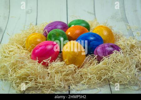 colorful easter eggs in a nest Stock Photo