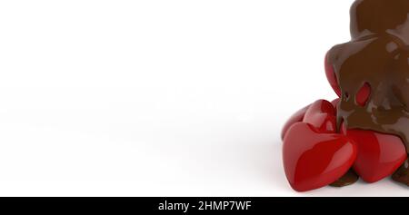 3d render chocolate syrup leaking melting over red heart shape symbol on white background Stock Photo