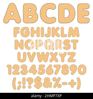 Alphabet, letters, numbers and signs made from chiselled cookies. Set of colored isolated vector objects on a white background. Stock Vector
