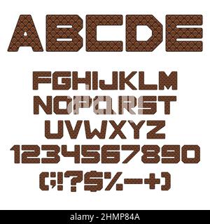 Alphabet, letters, numbers and signs with brown leather upholstery texture. Color isolated vector objects on a white background. Stock Vector