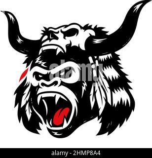 Aggressive Gorilla Roaring with a Shaman Hat Made By A Horned Skull Stock Vector