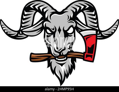 Angry Goat Holding an Ax in his mouth Stock Vector