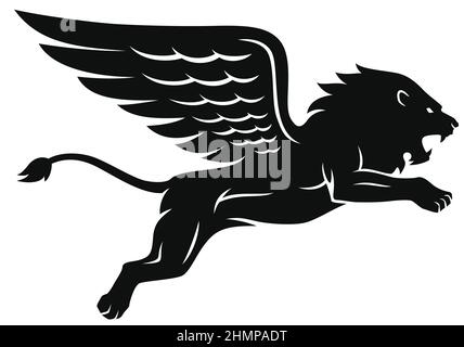 Silhouette of Winged Lion Jumping Up Stock Vector