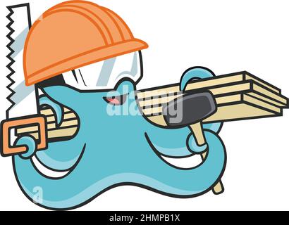 Worker Octopus Wears Orange Hardhat and Holding a Stack of Wood, Mallet and Handheld Saw Stock Vector