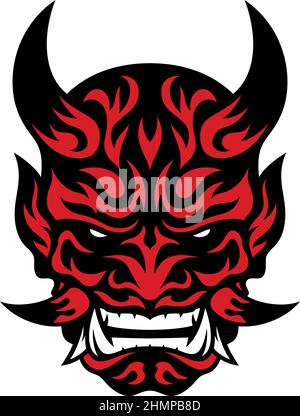 Red Demon Oni Mask with Fire Tattoo Design Stock Vector