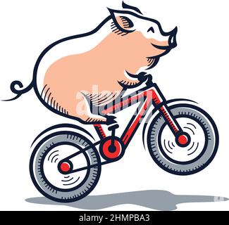 Cute Pig Riding Bicycle On One Wheel (Wheelie) Stock Vector