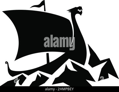 Silhouette Viking Long Boat on the Ice Stock Vector