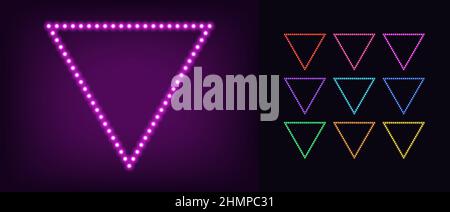 Neon triangle frame with lamps. Glowing neon triangle border set with bulbs. Garland frames with copy space, Vector templates with triangular shape fo Stock Vector