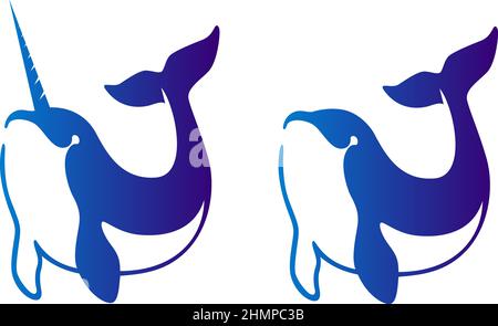 Simple Flat Design of Cute Dolphin and Narwhal Stock Vector