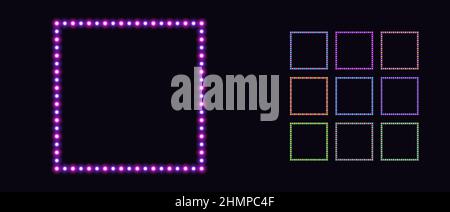 Neon square frame with bicolor lamps. Glowing neon square border set with bulbs. Garland box frames with copy space. Vector templates for banner, stor Stock Vector