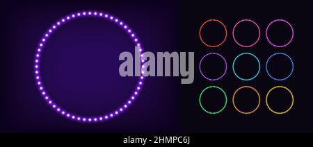 Neon circle frame with lamps. Glowing neon round border set with bulbs. Garland frame collection with copy space, Vector templates with ring shape for Stock Vector