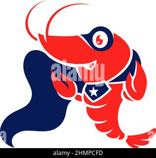 Cute Shrimp with Super Hero Costume Simple Cartoon Character Design Stock Vector