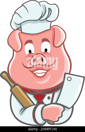 Pig Chef Cross Arms with Knife and Rolling Pin Stock Vector