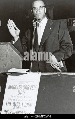 MALCOLM X (1925-1965) African-American Muslim minister speaking at a memorial service for Marcus Garvey in 1958 Stock Photo