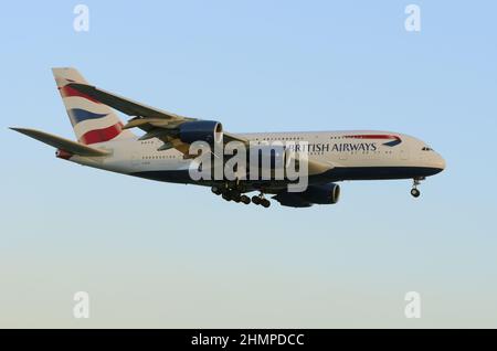 British Airways Airbus A380-841 with registration G-XLEF shown approaching LAX, Los Angeles International Airport. Stock Photo