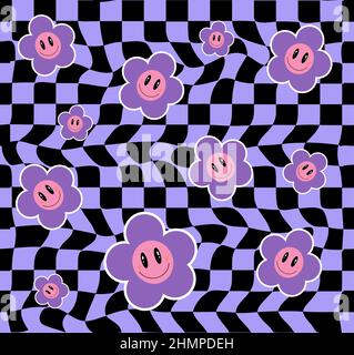 Retro 70s flowers with distorted checkered seamless pattern background for girl - kids graphic tee t shirt or sticker. Vector illustration Stock Vector