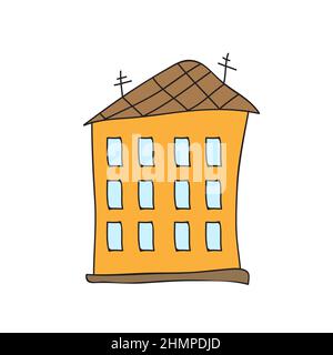 Multi storey building on white background. Simple cartoon town cityscape. Vector illustration. Stock Vector