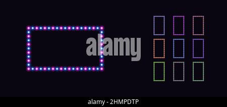 Neon rectangle frame with bicolor lamps. Glowing neon rectangle border set with bulbs. Garland rectangular frames with copy space. Vector templates fo Stock Vector