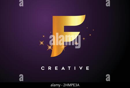 Gold F Letter Logo with Golden Glitter Stars and Gold Foil Texture Icon. Letter F with Golden stars and magical look Vector Illustration. Stock Vector