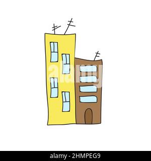Multi storey building on white background. Simple cartoon town cityscape. Vector illustration. Stock Vector
