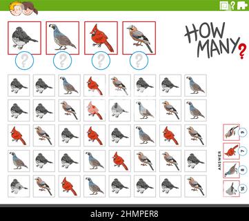 Illustration of educational counting game for children with cartoon birds animal characters Stock Vector