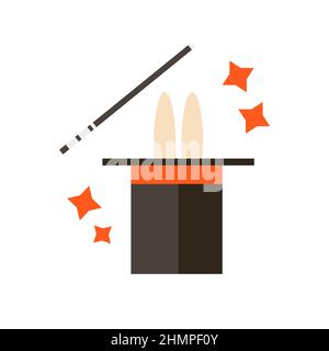 Magic hat with rabbit ears and a wand. Vector illustration in flat style. Icon on white. Stock Vector