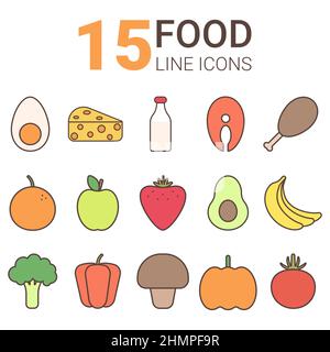 Set of linear colored icons of healthy food  Stock Vector