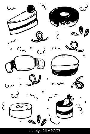 Bakery set with cake, croissant, macaroon, donut and cinnamon roll on white Stock Vector