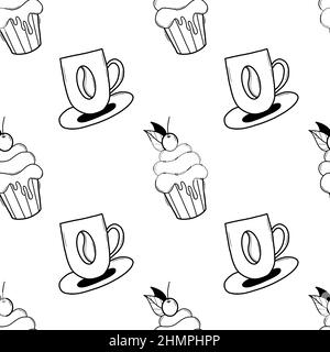 Seamless pattern with hand drawn cupcakes with cherries. Stock Vector