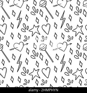 Seamless pattern on white with cake, croissant, macaroon, donut and cinnamon roll. Stock Vector