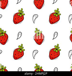 Fresh red doodle strawberries seamless pattern on white. Stock Vector