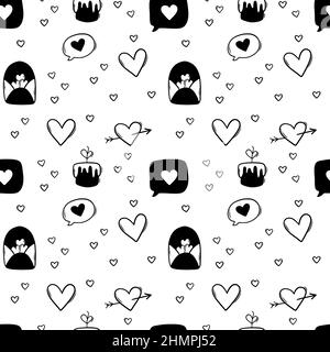 black and white seamless pattern for Valentines day in doodle style. Stock Vector