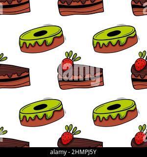 Bakery colored seamless pattern with pastry. Strawberry cake and donut with green frosting. Stock Vector