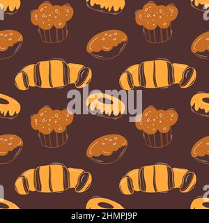 Bakery colored seamless pattern with pastry. Cakes, donuts, buns and croissants. Stock Vector