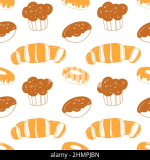 Bakery colored seamless pattern with pastry. Cakes, donuts, buns and croissants. Stock Vector