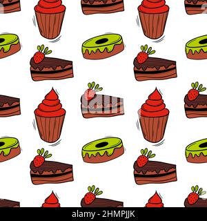 Bakery colored seamless pattern with pastry. Cakes, donuts, buns and strawberries. Stock Vector